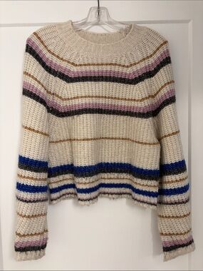 Z Supply Cream Ribbed Crewneck Sweater with Pink, Blue, Gray & Tan Stripes